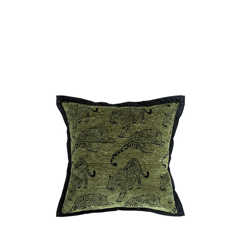 THROW CUSHION - LEOPARD/ MOSS GREEN